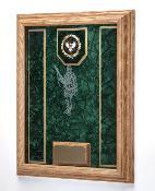 A beautifully crafted Awards Display shadowbox featuring an embossed emblem, showcasing military medals and ribbons on a luxurious crushed velvet background.
