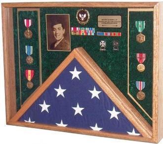 A beautifully crafted awards flag display case designed for 5'x9.5' American burial flags, featuring a glass front and space for military awards.