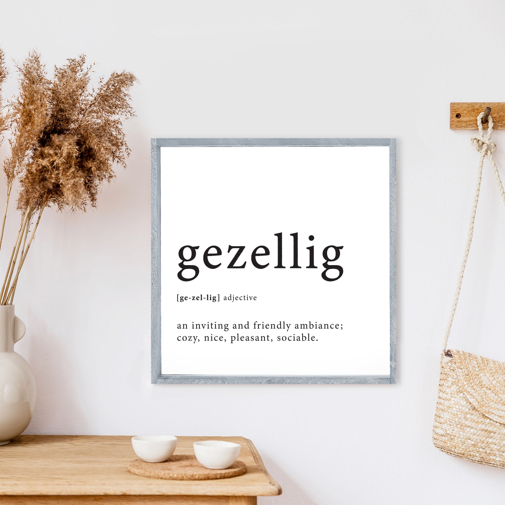 B01 Dutch Gezellig Definition Wood Sign featuring a black text on a white background, framed in stained pine wood, measuring 13x13 inches.