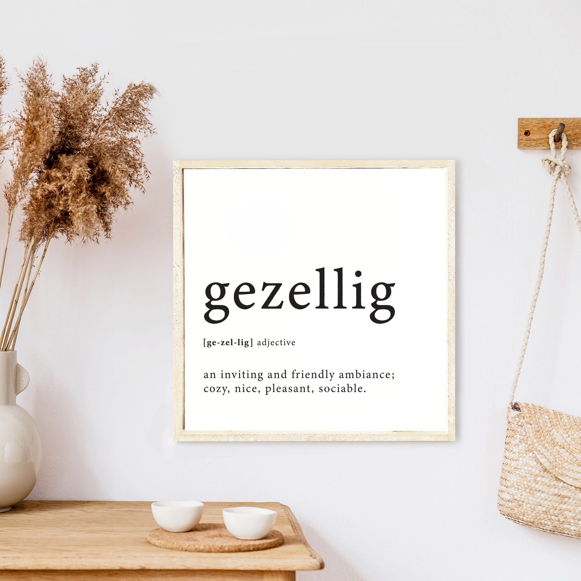 B01 Dutch Gezellig Definition Wood Sign featuring a black text on a white background, framed in stained pine wood, measuring 13x13 inches.