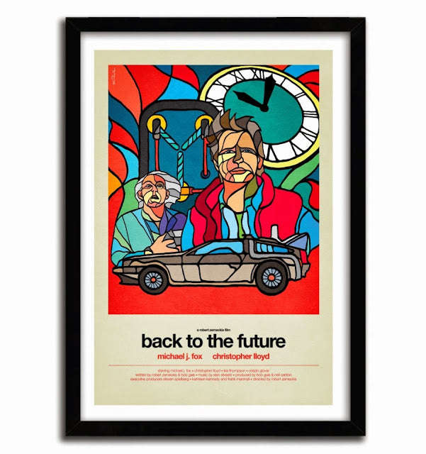 Vibrant 'Back to the Future' artwork by Van Orton featuring the Delorean and 80s pop culture elements.
