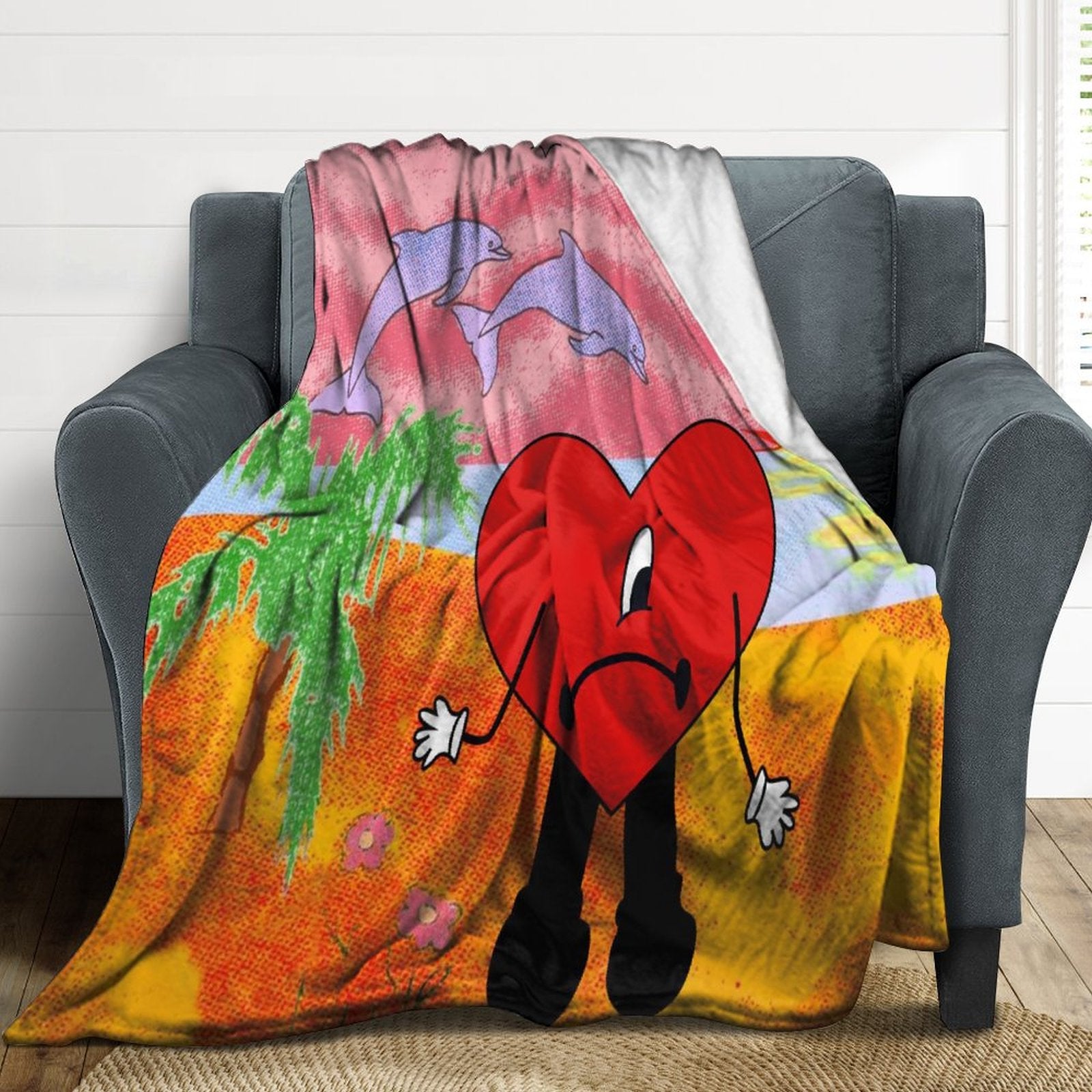 Bad Bunny Un Verano Sin Ti Throw Blanket featuring vibrant colors and soft texture, perfect for cozying up or as a stylish decor piece.