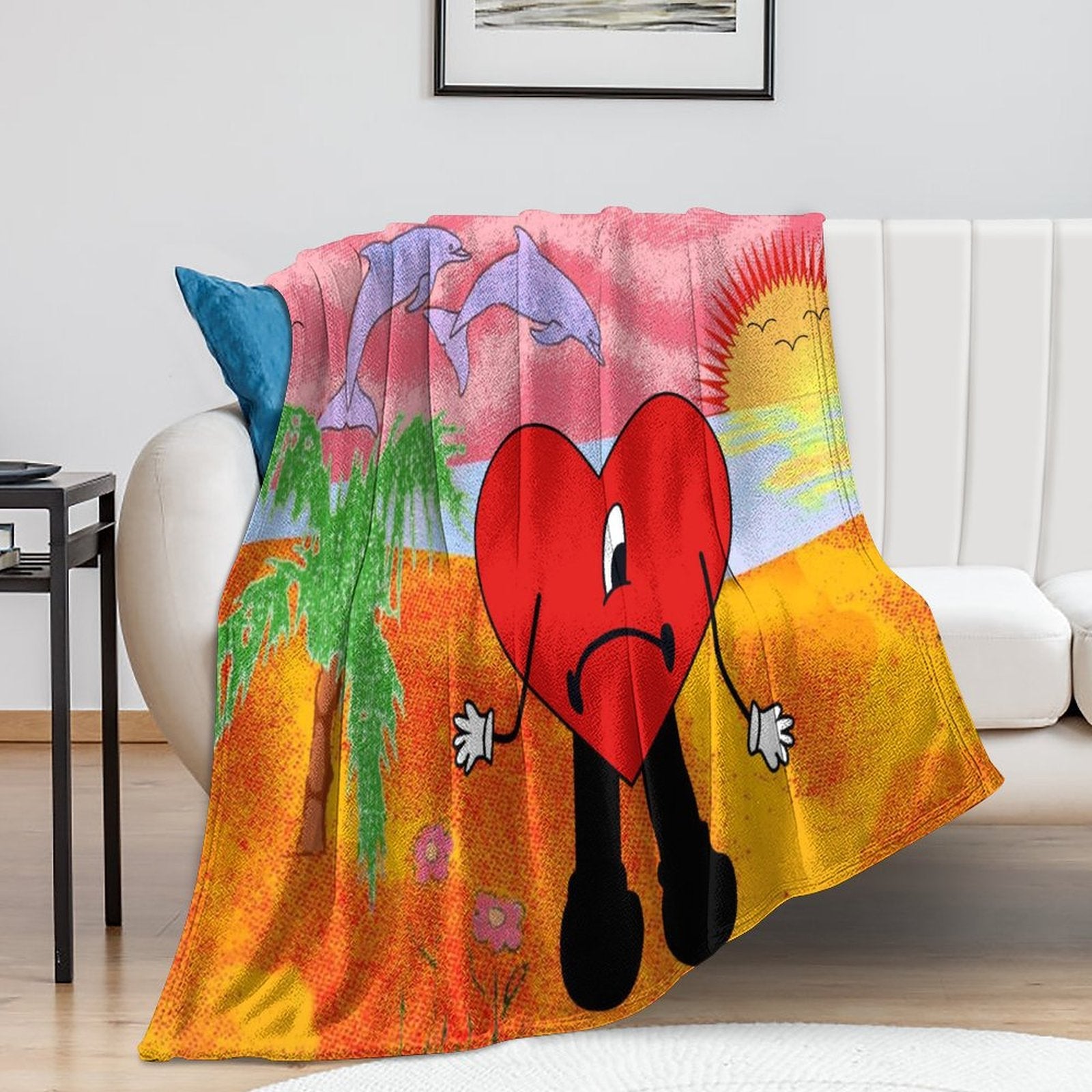 Bad Bunny Un Verano Sin Ti Throw Blanket featuring vibrant colors and soft texture, perfect for cozying up or as a stylish decor piece.