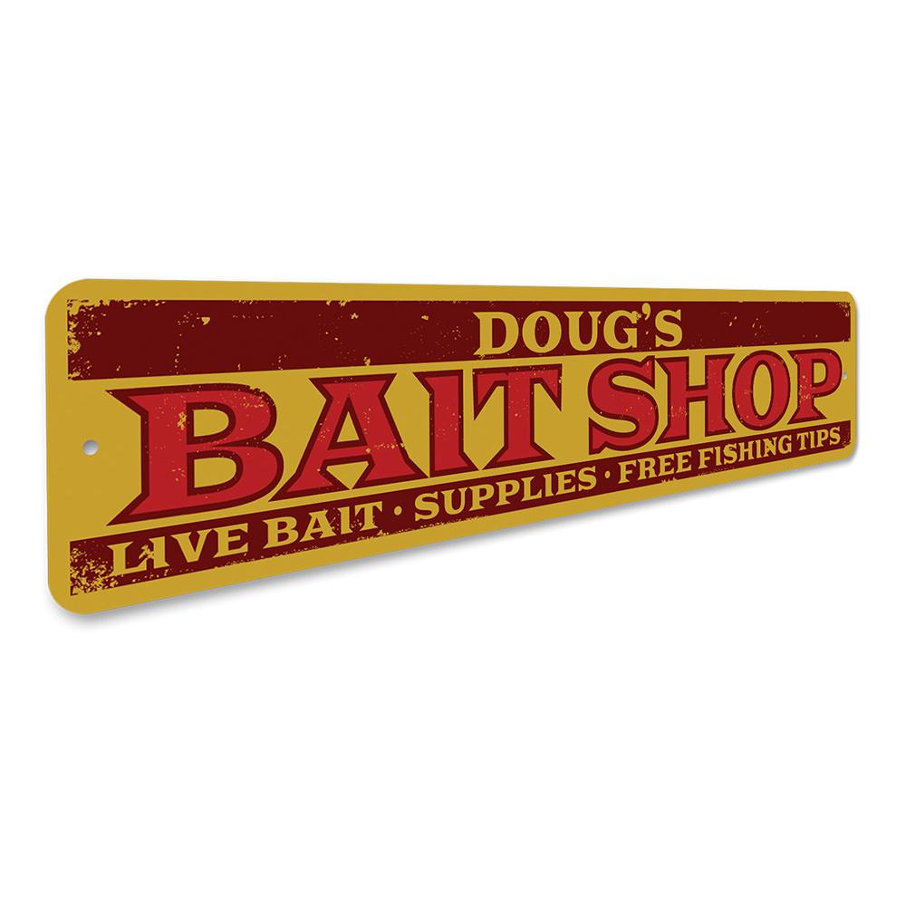 A decorative Bait Shop List Sign made of high-quality aluminum, featuring customizable text and pre-drilled holes for easy mounting.
