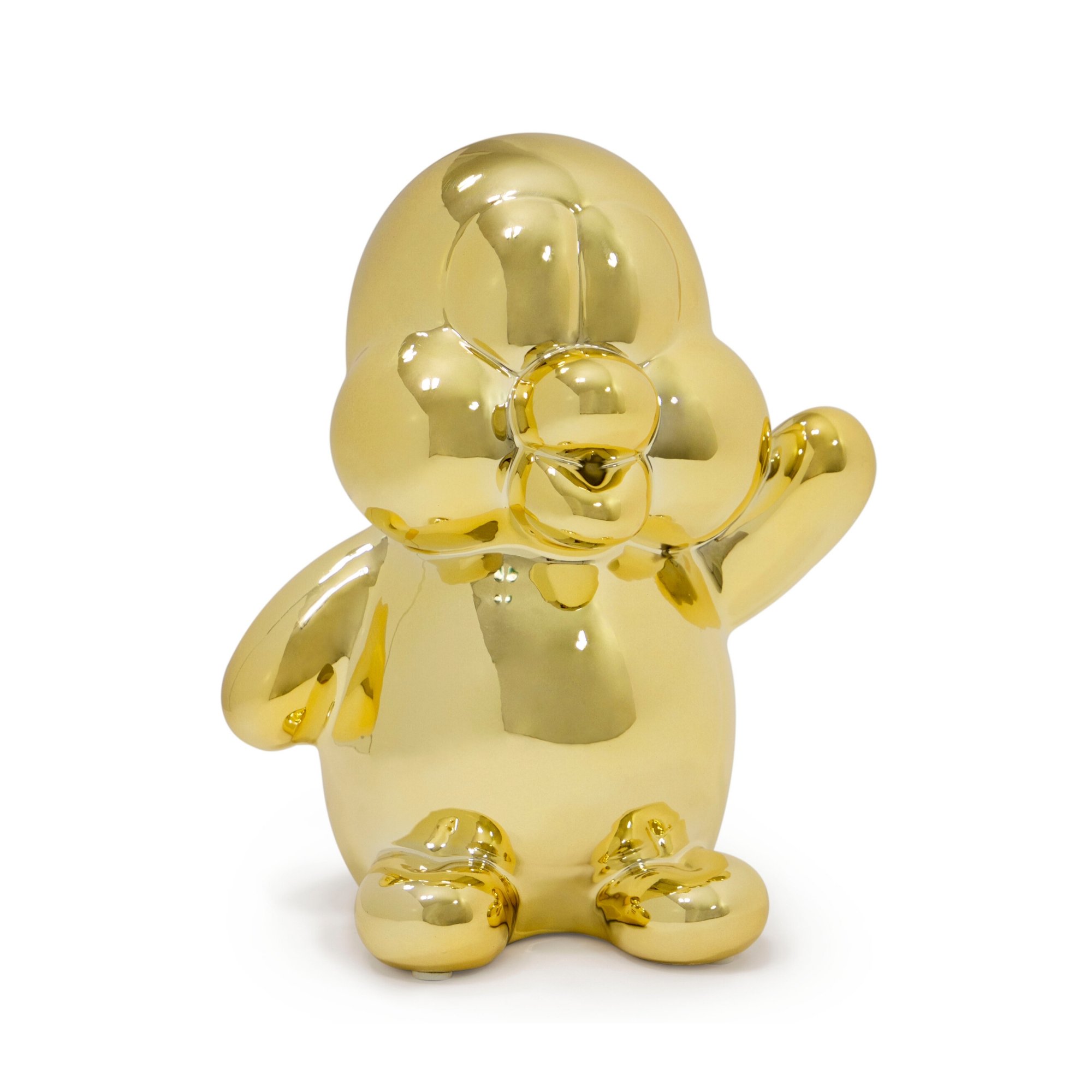 A charming penguin-shaped money bank made of high-gloss ceramic, featuring a whimsical balloon design in blue, gold, and silver colors.