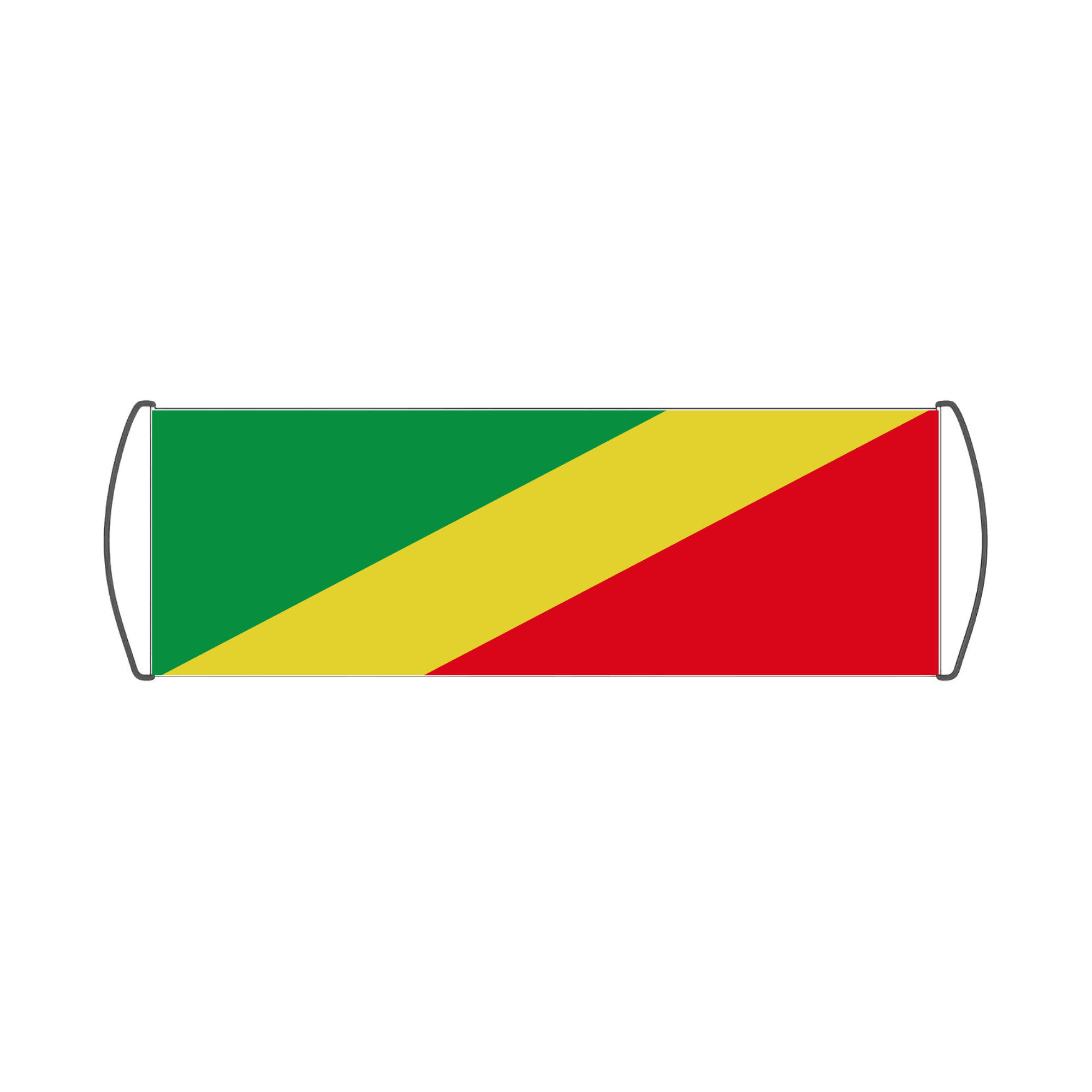 Bannière de défilement du drapeau de la République du Congo, disponible en deux tailles, avec oreilles de maintien en plastique pour une manipulation facile.