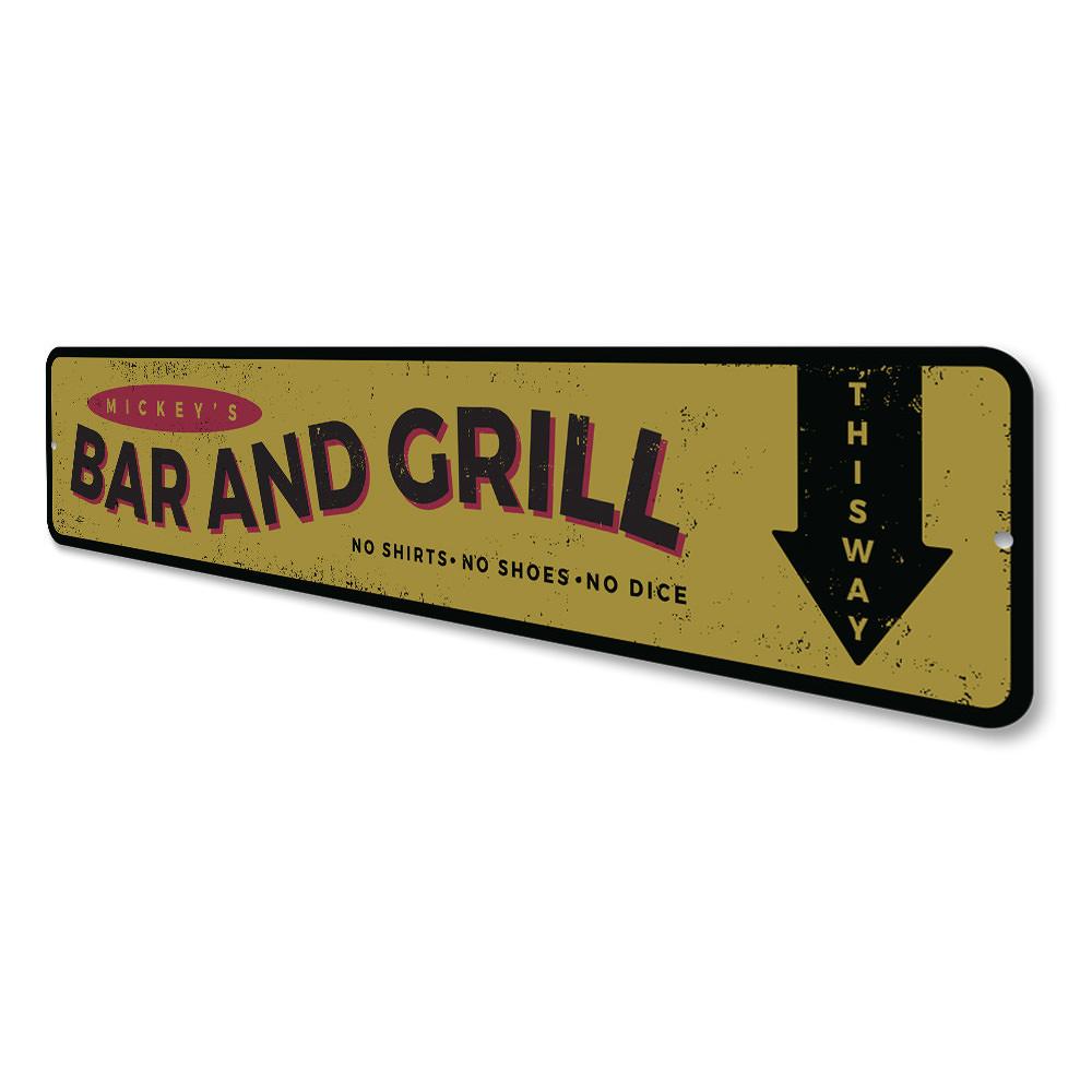 Customizable Bar and Grill Name Sign made from high-quality aluminum, featuring pre-drilled holes for easy mounting.
