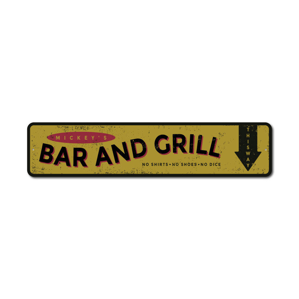 Customizable Bar and Grill Name Sign made from high-quality aluminum, featuring pre-drilled holes for easy mounting.