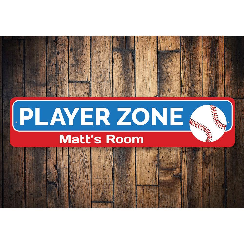 Baseball Player Zone Sign featuring vibrant colors and customizable text, perfect for kids' rooms and sports enthusiasts.