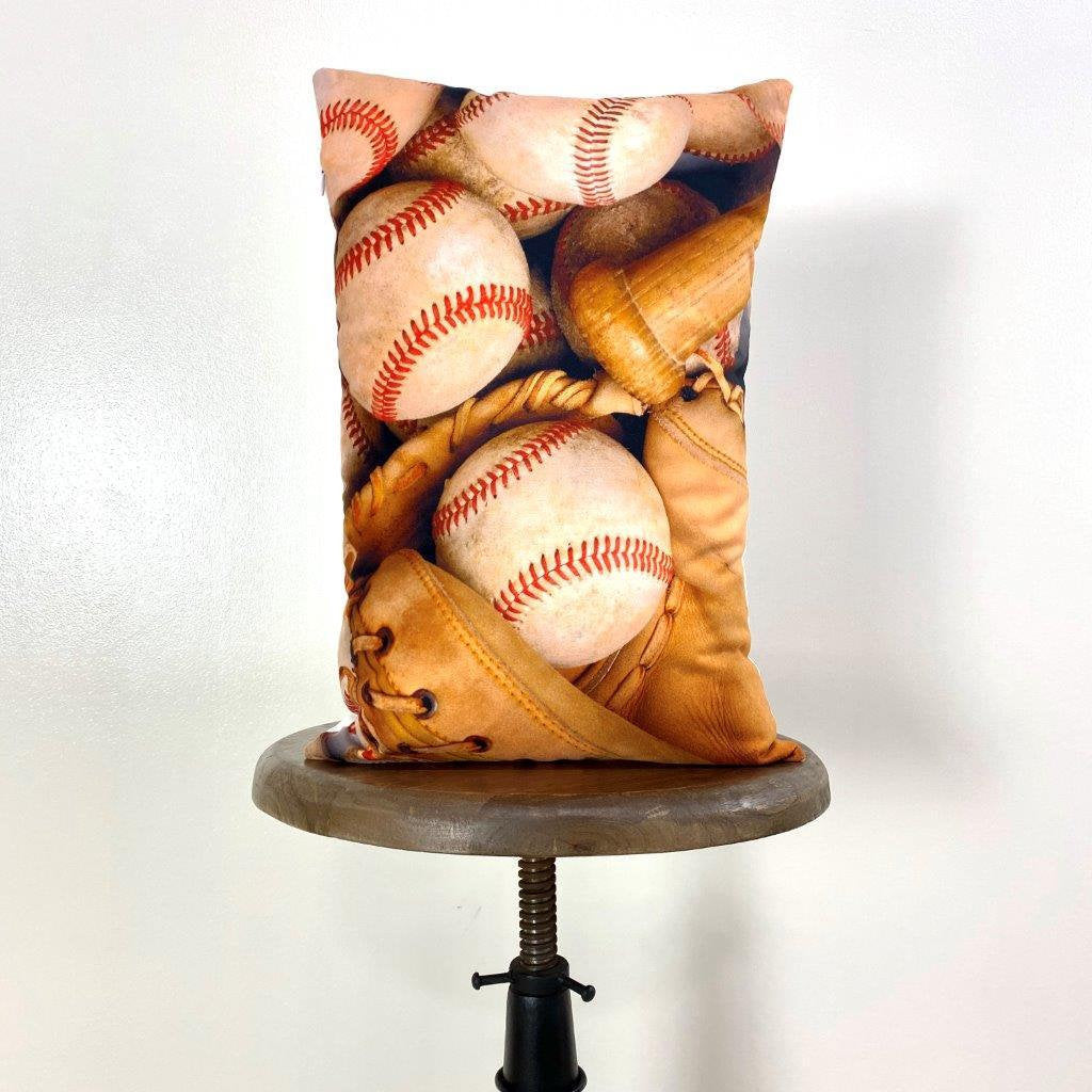 Handmade baseball-themed throw pillows featuring crisp graphics and soft fabric, perfect for baseball fans.