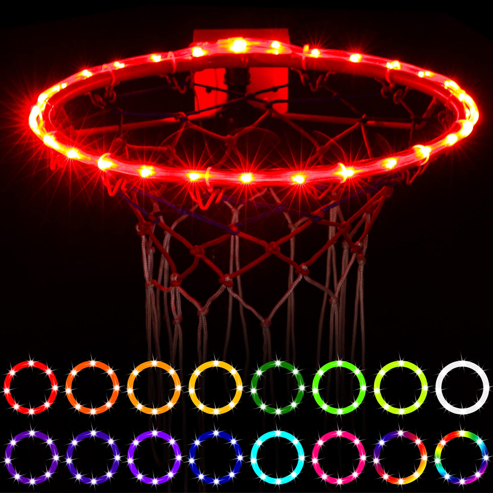 Colorful Basketball Hoop Lights illuminating a basketball hoop at night, showcasing vibrant RGB colors.