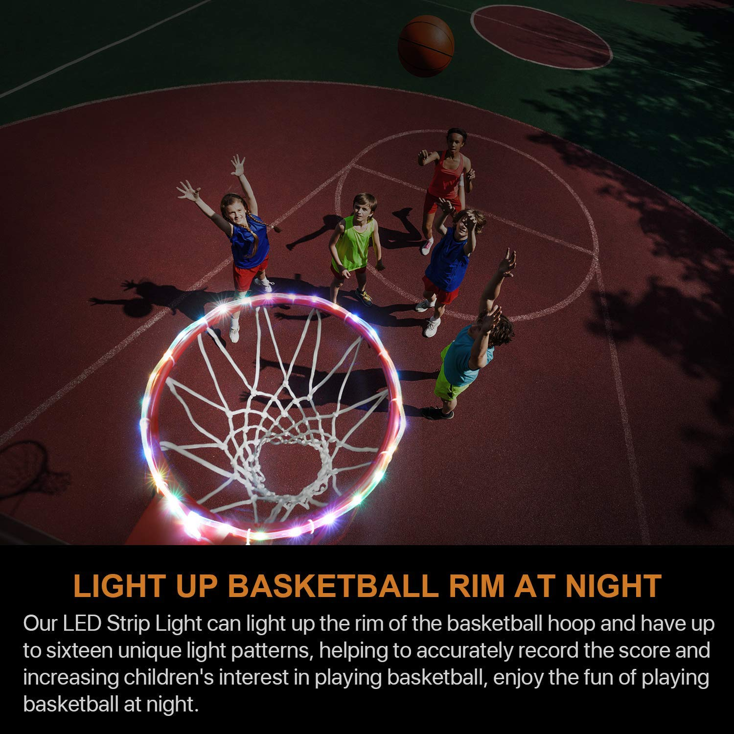 Colorful Basketball Hoop Lights illuminating a basketball hoop at night, showcasing vibrant RGB colors.