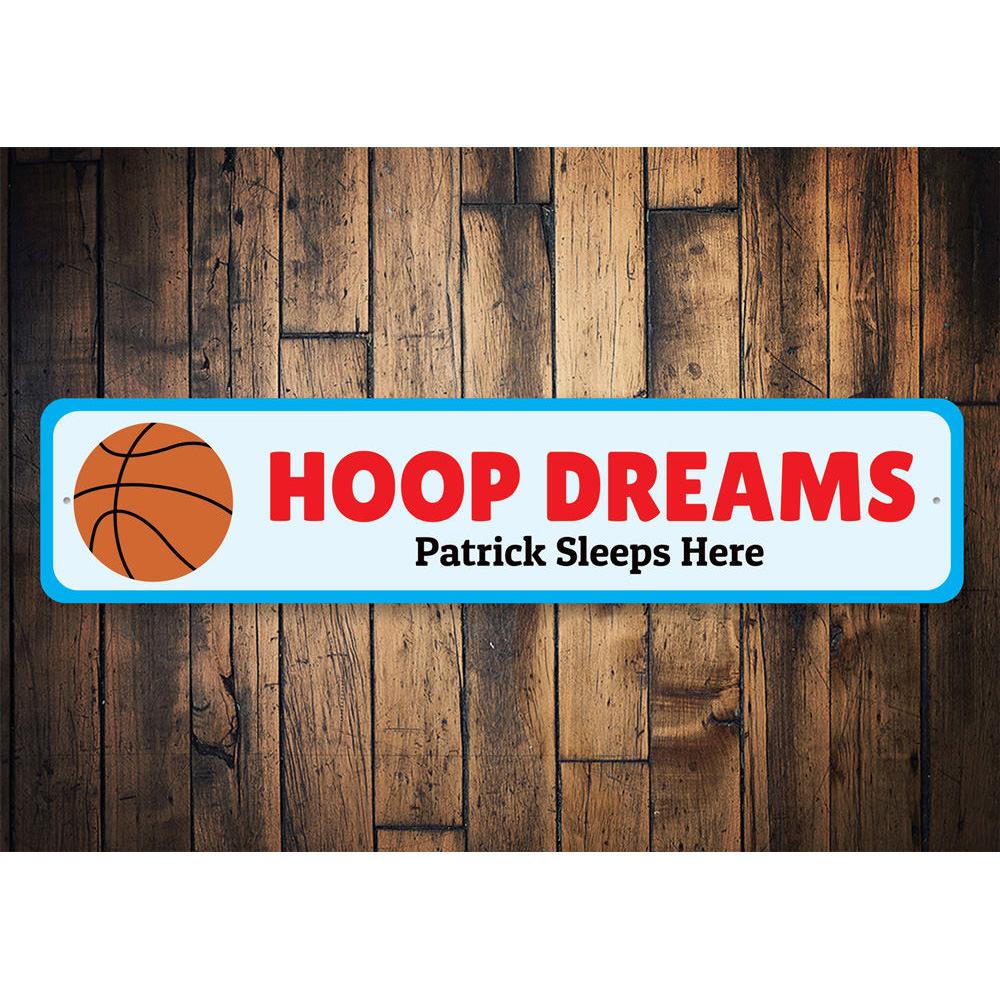 A vibrant Basketball Bedroom Sign made of aluminum, featuring customizable text and pre-drilled holes for easy mounting, perfect for kids' rooms.