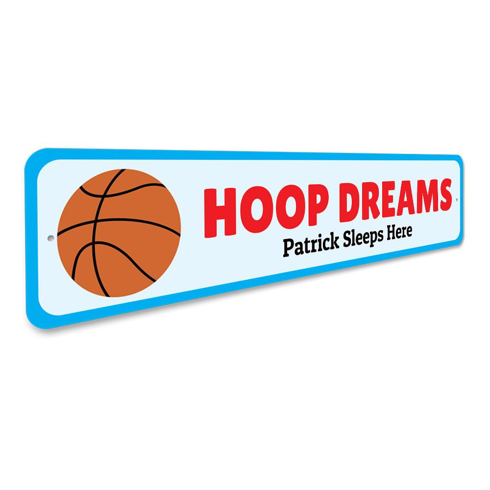 A vibrant Basketball Bedroom Sign made of aluminum, featuring customizable text and pre-drilled holes for easy mounting, perfect for kids' rooms.