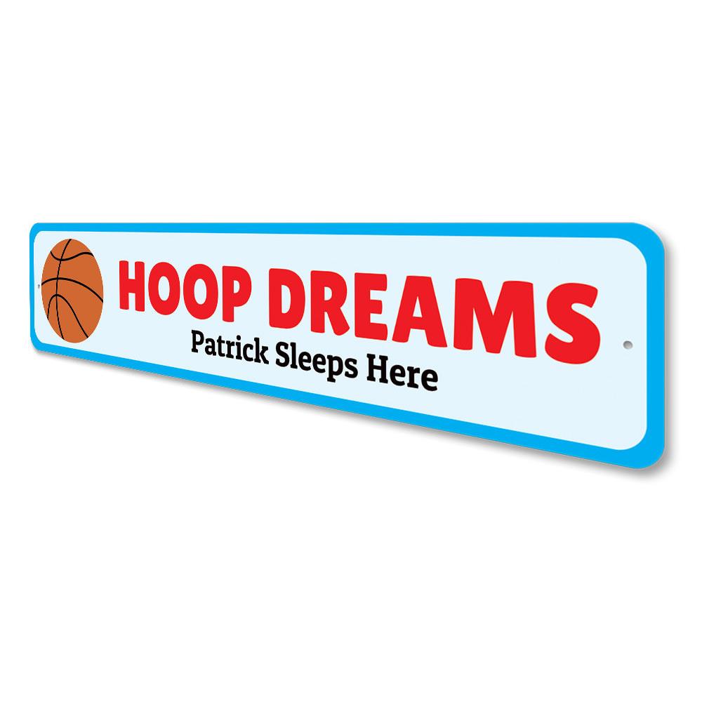A vibrant Basketball Bedroom Sign made of aluminum, featuring customizable text and pre-drilled holes for easy mounting, perfect for kids' rooms.