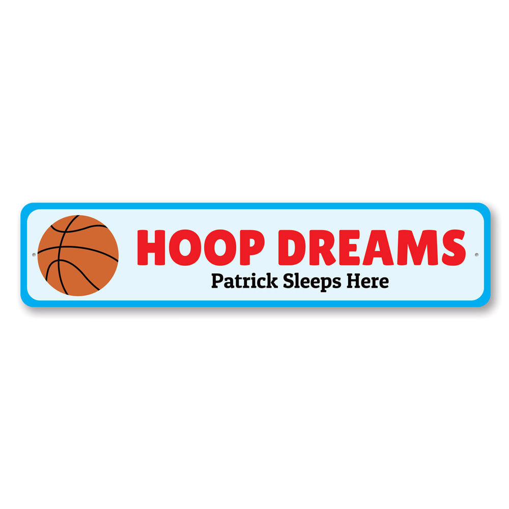 A vibrant Basketball Bedroom Sign made of aluminum, featuring customizable text and pre-drilled holes for easy mounting, perfect for kids' rooms.