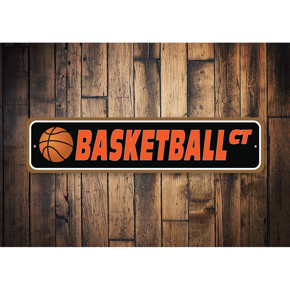 A vibrant Basketball Street Sign made of high-quality aluminum, featuring a basketball design, perfect for decorating game rooms or man caves.