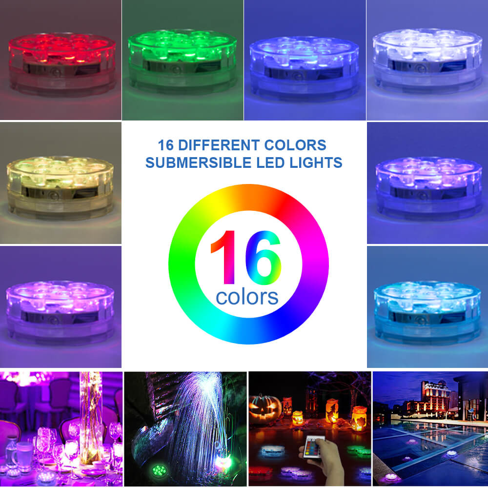 Battery operated submersible light with remote control, showcasing vibrant RGB colors and waterproof design.