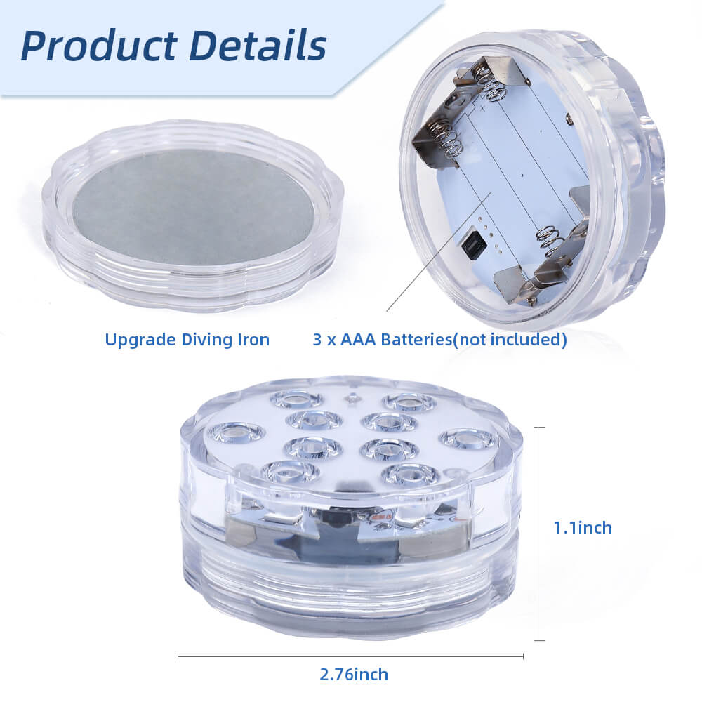 Battery operated submersible light with remote control, showcasing vibrant RGB colors and waterproof design.