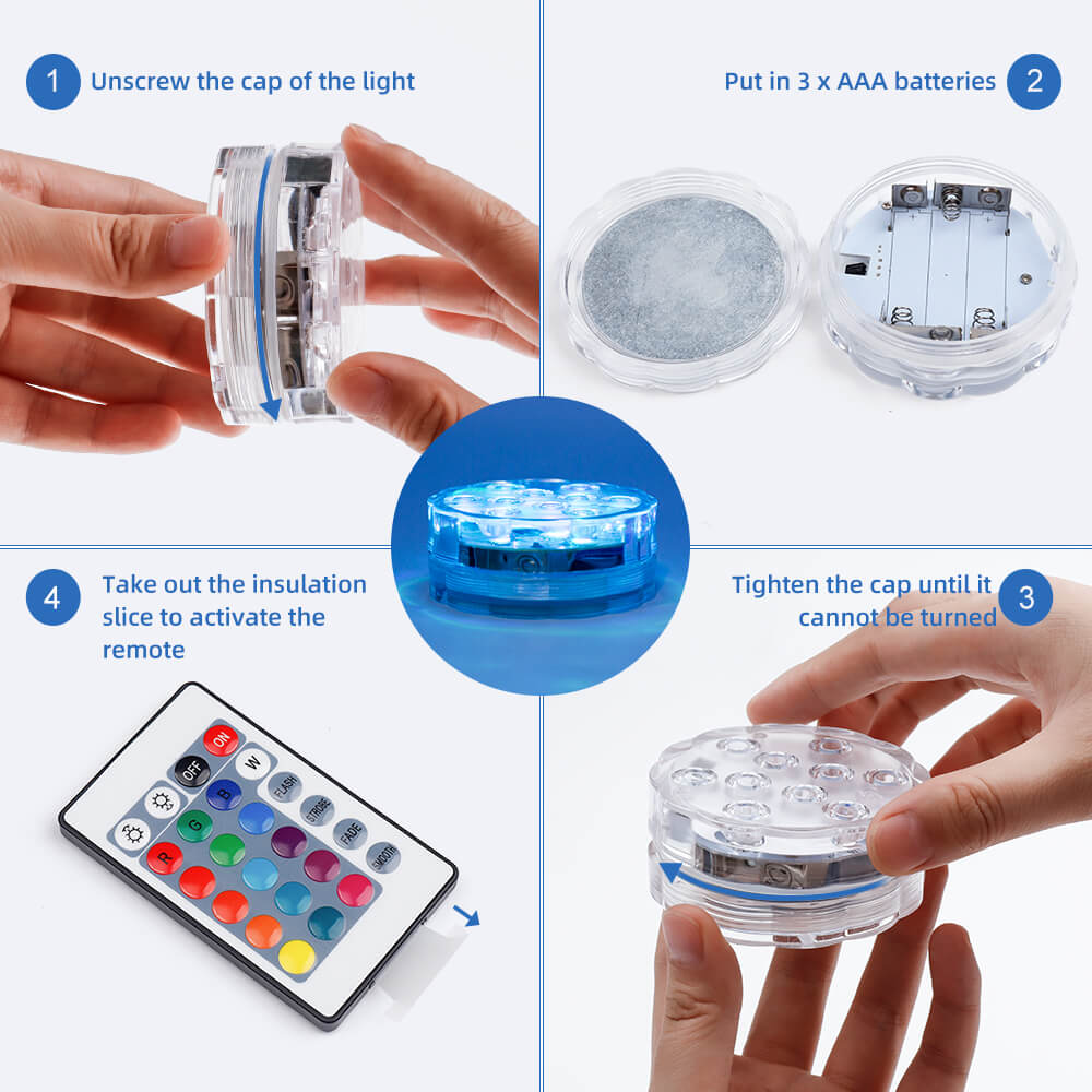 Battery operated submersible light with remote control, showcasing vibrant RGB colors and waterproof design.