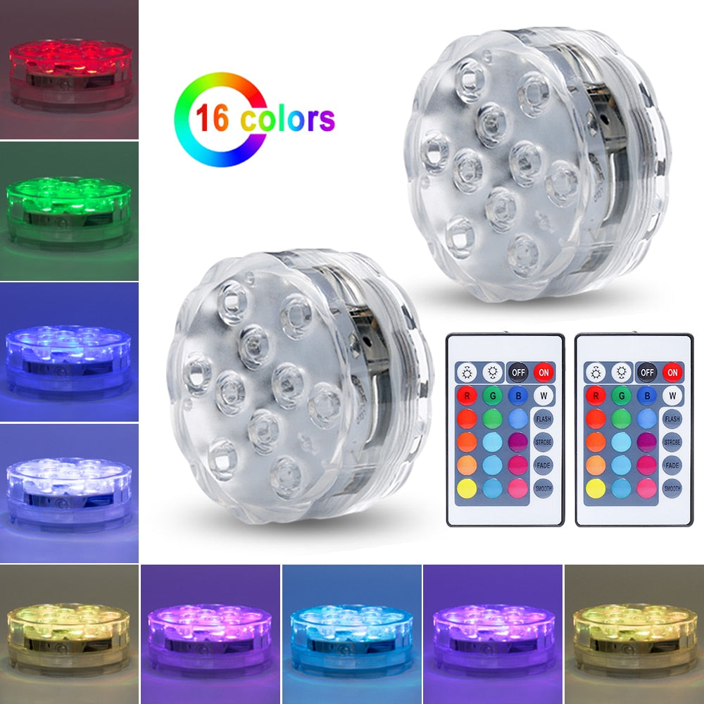Battery operated submersible light with remote control, showcasing vibrant RGB colors and waterproof design.