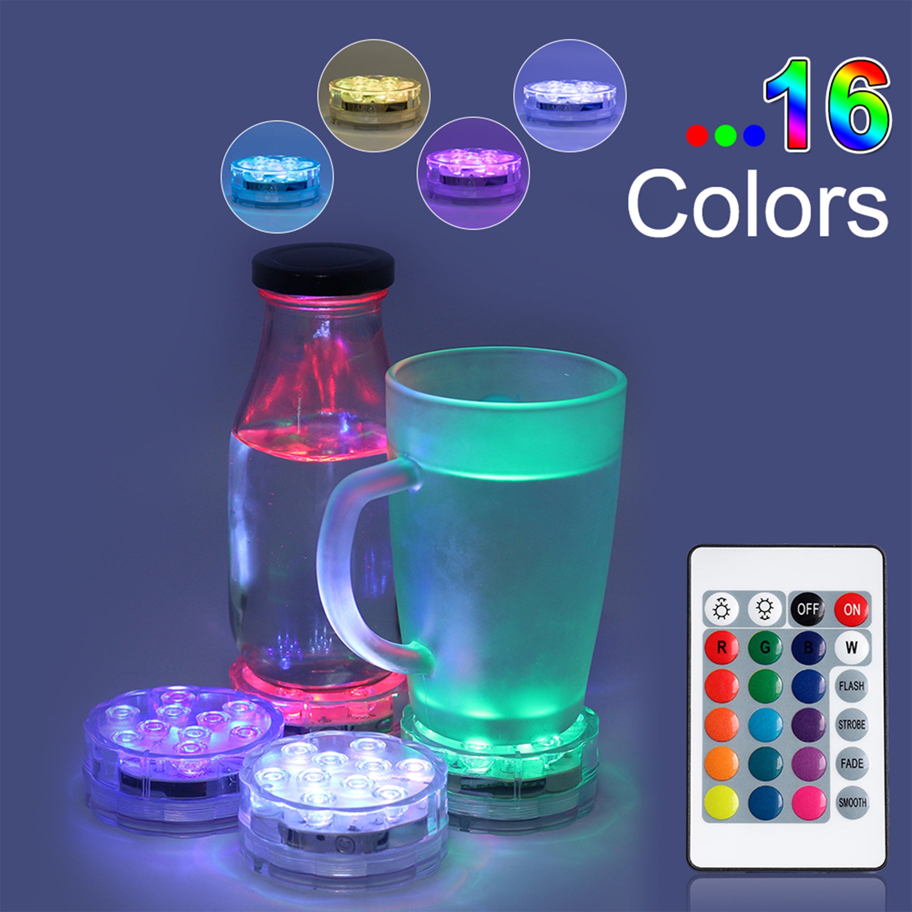 Battery Operated LED Submersible Light in a transparent shell, showcasing vibrant RGB colors, ideal for underwater decoration.