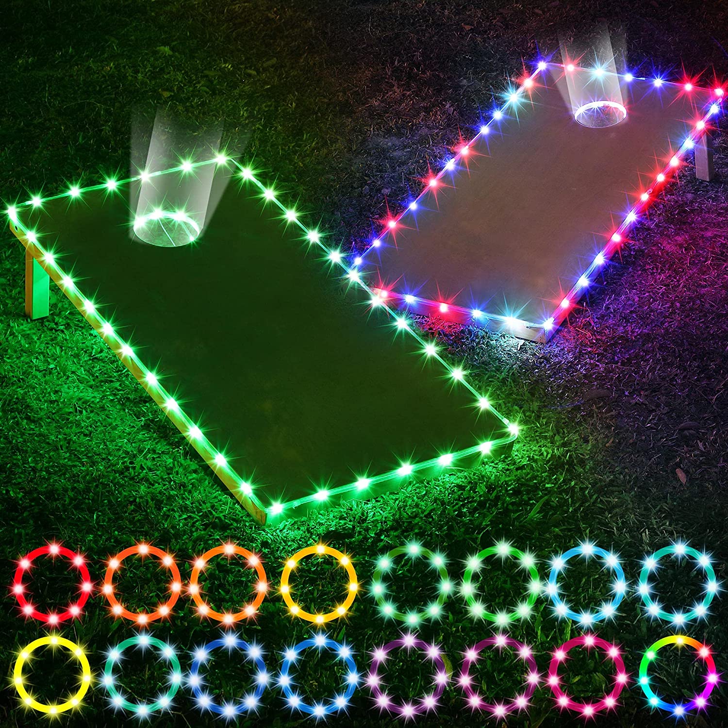 Two packs of battery operated cornhole lights with 16 color options, perfect for outdoor games.