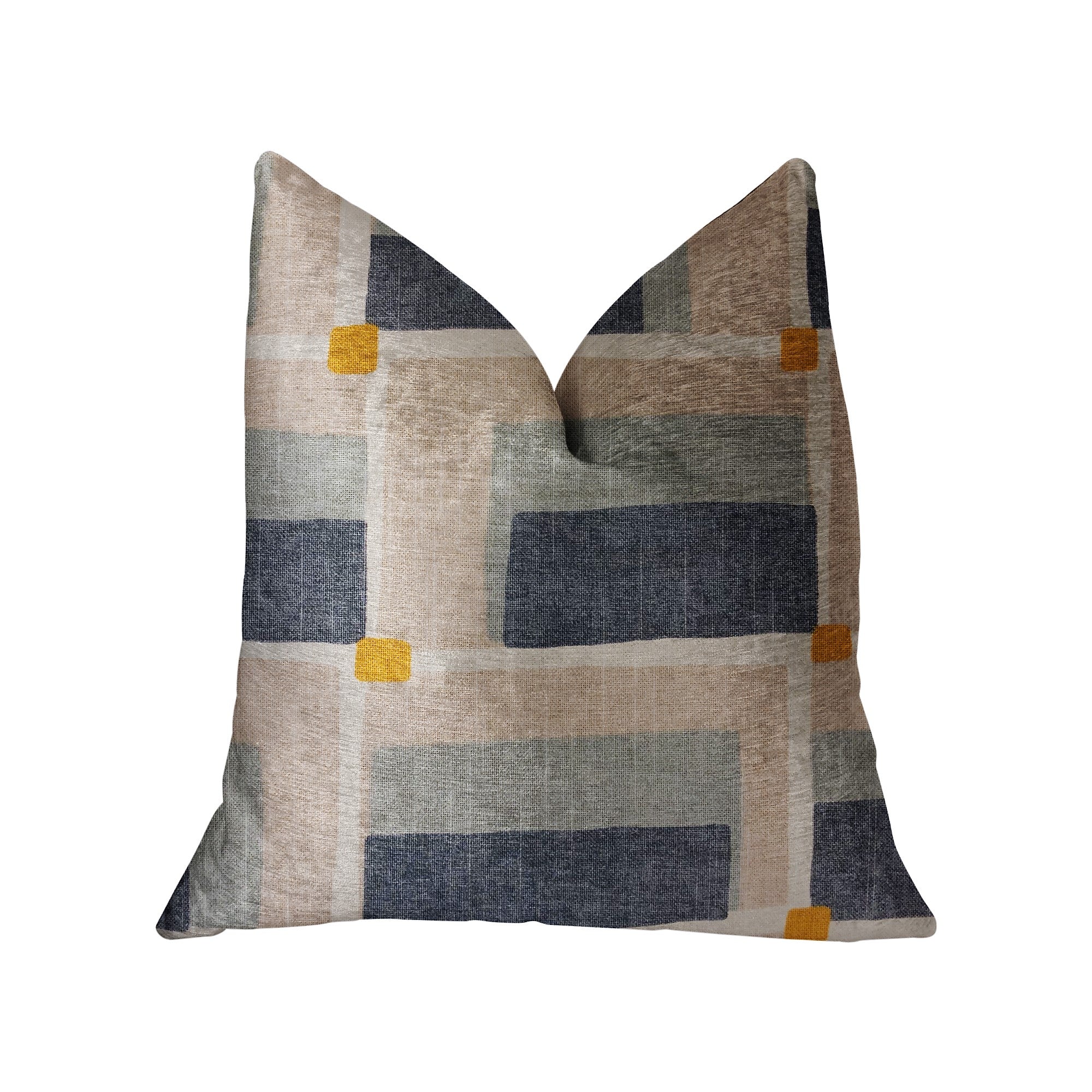 Bay Window Blue and Beige Luxury Throw Pillow featuring a geometric pattern, handmade in the USA with a soft cotton fabric.