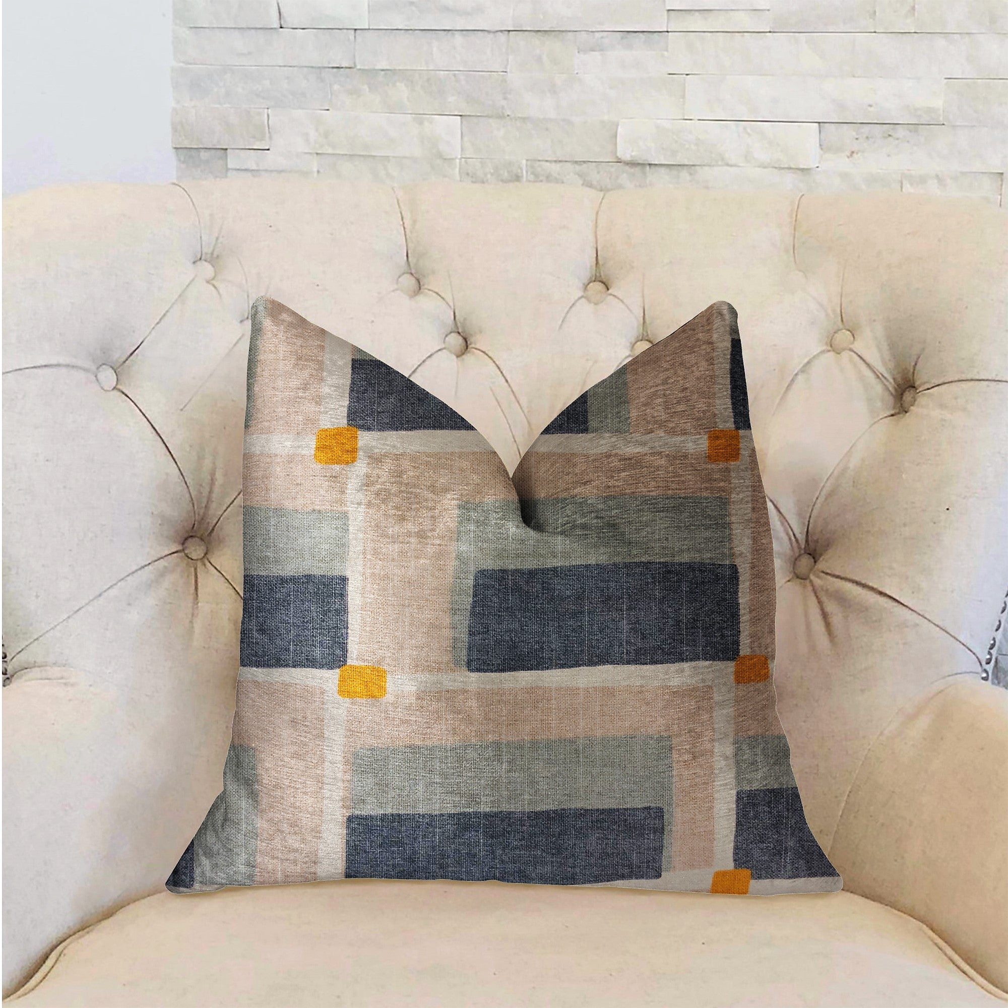 Bay Window Blue and Beige Luxury Throw Pillow featuring a geometric pattern, handmade in the USA with a soft cotton fabric.