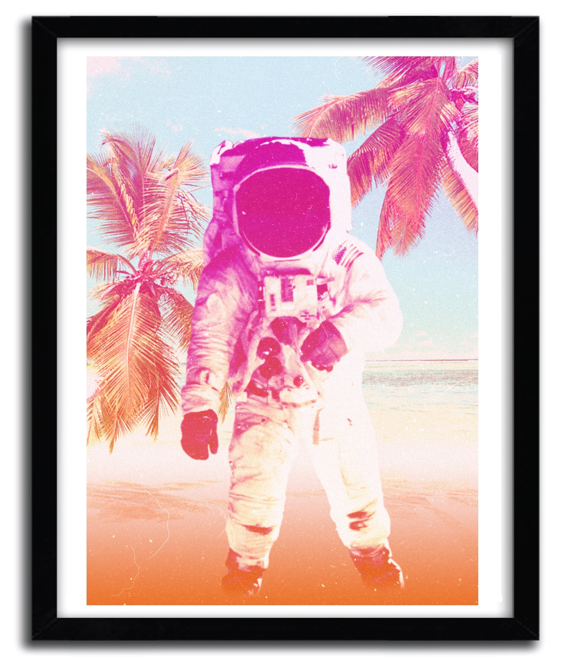 Beach Astronaut artwork by SUSHILOVE, featuring a whimsical astronaut on a beach, printed on fine arts paper.