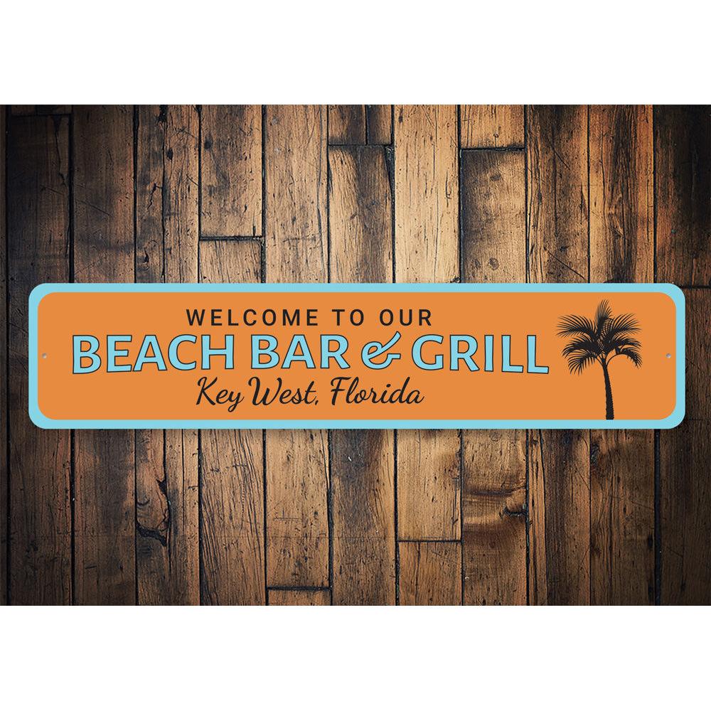 A decorative Beach Bar & Grill Welcome Sign made of high-quality aluminum, featuring vibrant colors and customizable text, perfect for indoor and outdoor use.