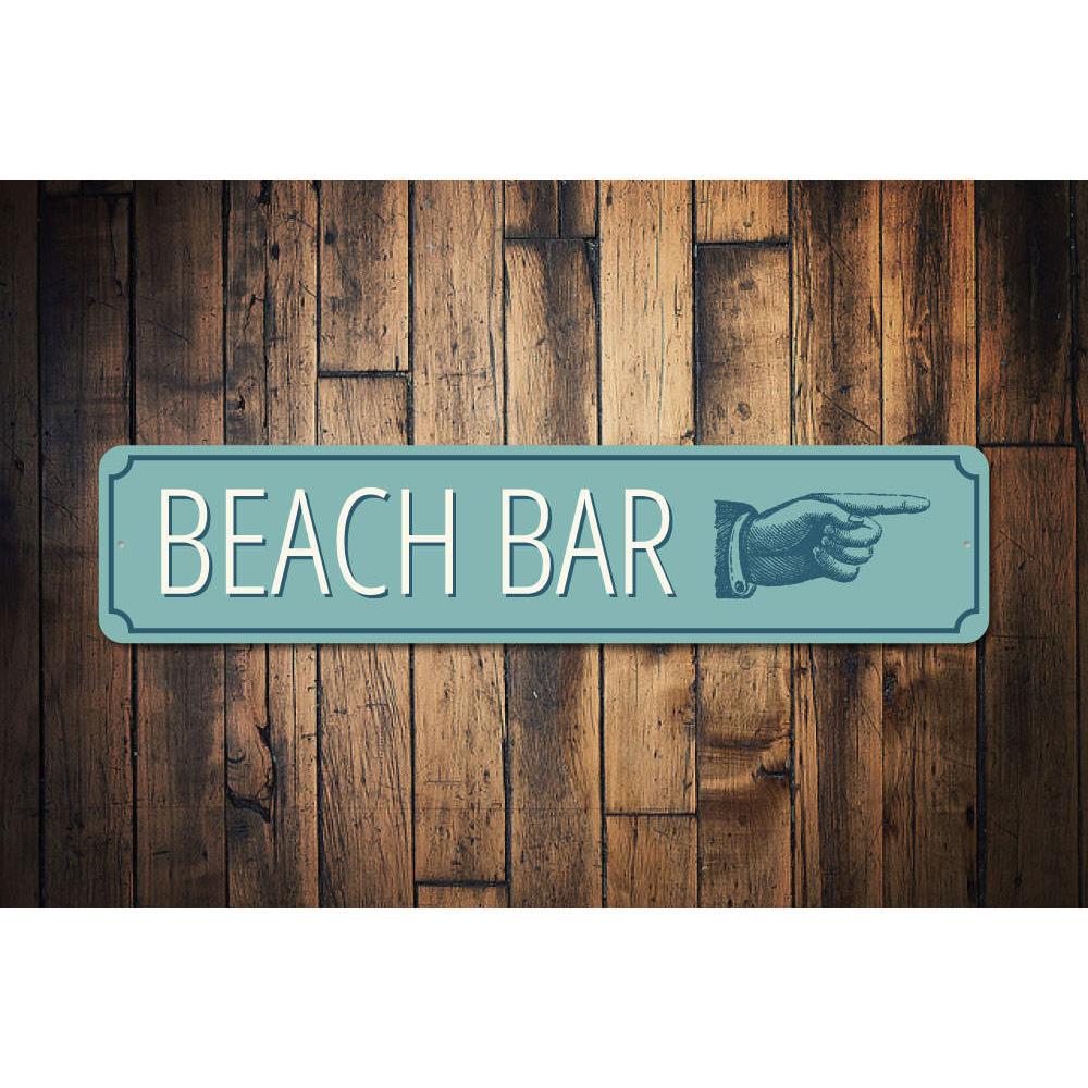 Beach Bar Pointing Hand Sign made of aluminum, featuring a vibrant design perfect for coastal decor.