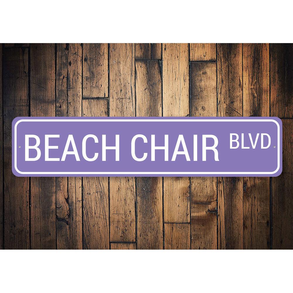 Beach Chair Blvd Sign made of high-quality aluminum, featuring a vibrant coastal design, perfect for beach-themed decor.