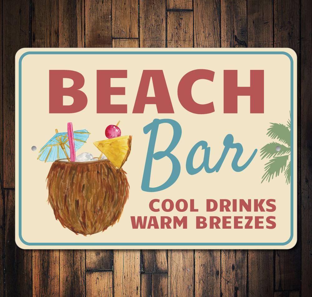A vibrant Beach Cocktail Sign made of aluminum, featuring beach-themed graphics and customizable text, perfect for coastal decor.