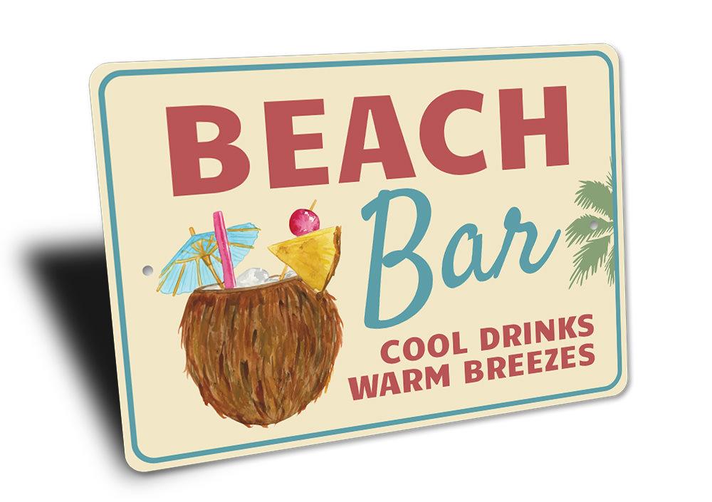 A vibrant Beach Cocktail Sign made of aluminum, featuring beach-themed graphics and customizable text, perfect for coastal decor.