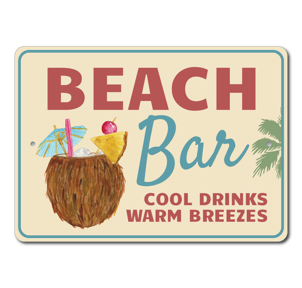 A vibrant Beach Cocktail Sign made of aluminum, featuring beach-themed graphics and customizable text, perfect for coastal decor.
