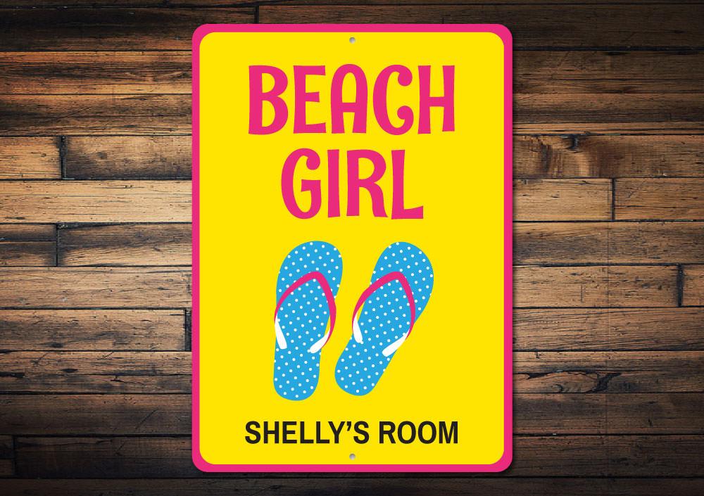 A colorful Beach Girl Sign made of aluminum, featuring beach-themed designs, perfect for kids' rooms and home decor.