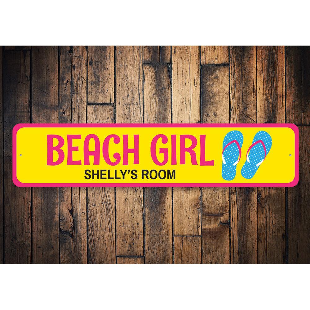 A colorful Beach Girl Sign featuring beach-themed graphics, perfect for kids' rooms and decor.