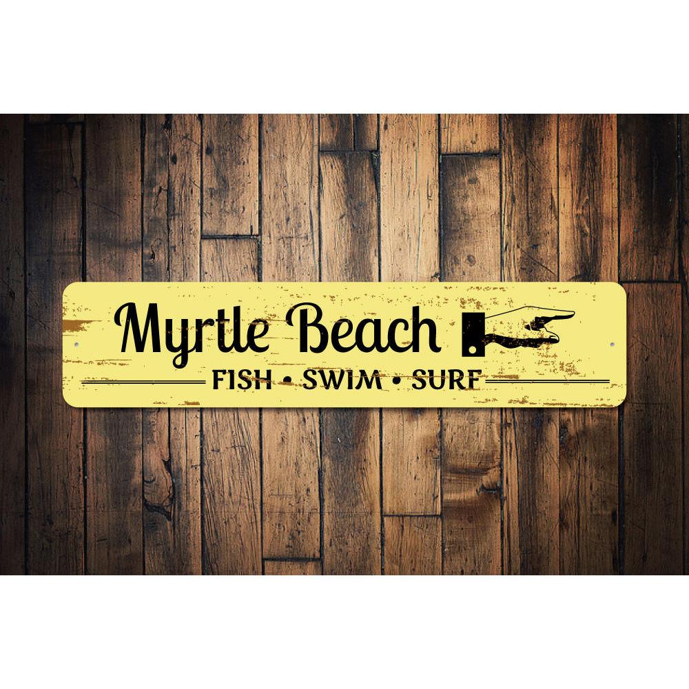 A vibrant Beach Marker Sign made of aluminum, featuring customizable text, perfect for beach houses and coastal decor.