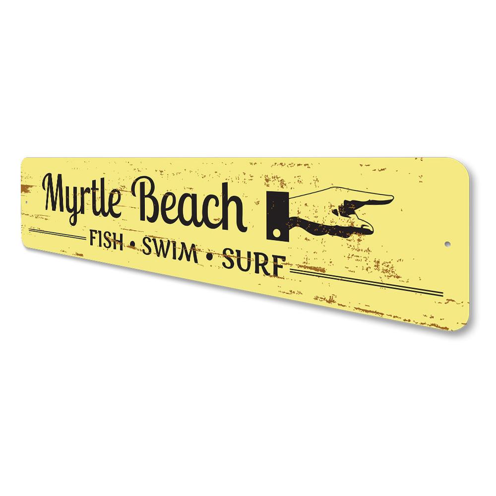 A vibrant Beach Marker Sign made of aluminum, featuring customizable text, perfect for beach houses and coastal decor.