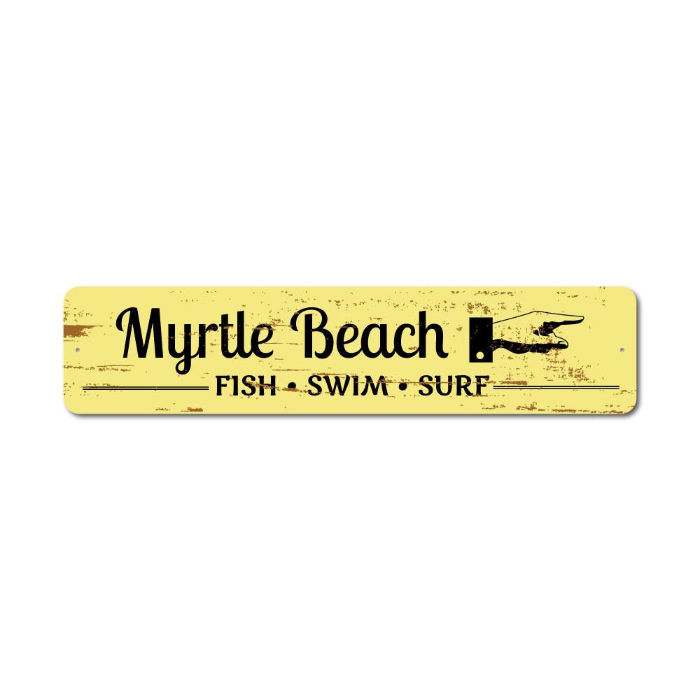 A vibrant Beach Marker Sign made of aluminum, featuring customizable text, perfect for beach houses and coastal decor.