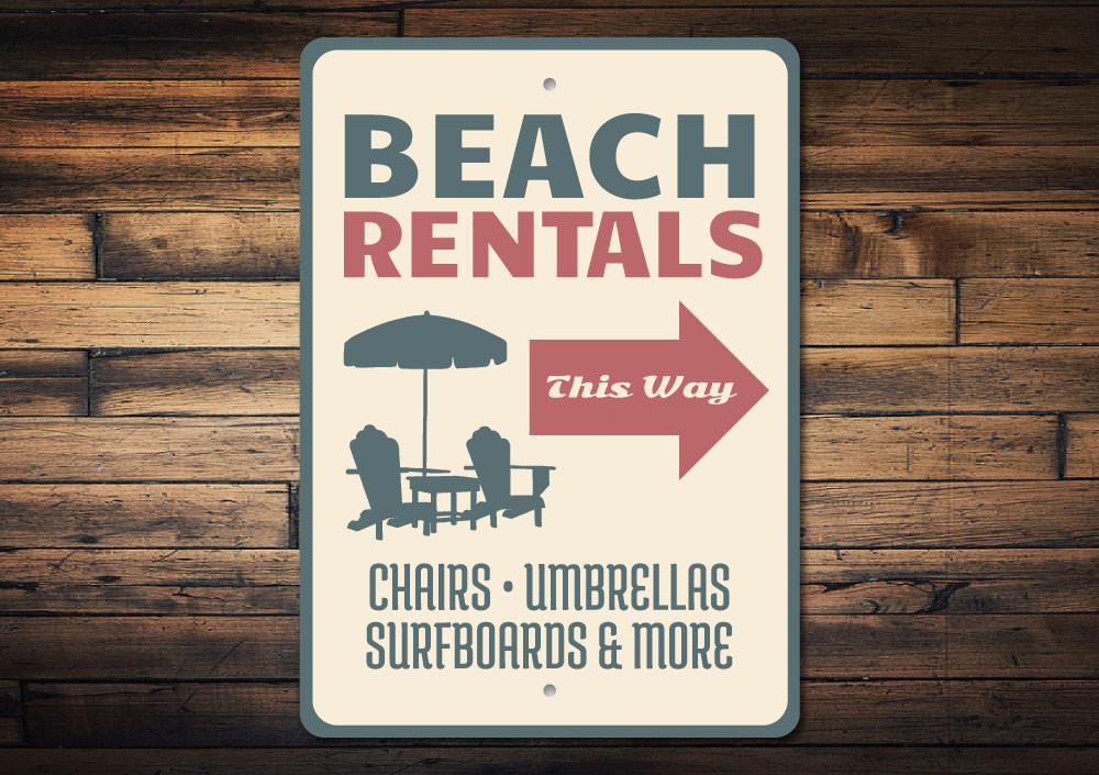 A decorative Beach Rentals Sign made of high-quality aluminum, featuring customizable text and pre-drilled holes for easy mounting.