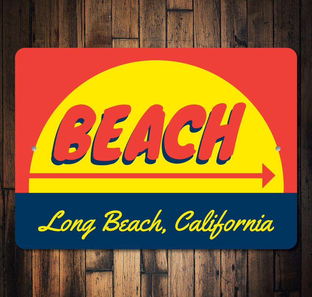 A beautifully crafted Beach Sunset Sign made of aluminum, featuring vibrant colors and a serene sunset design, perfect for home decor.