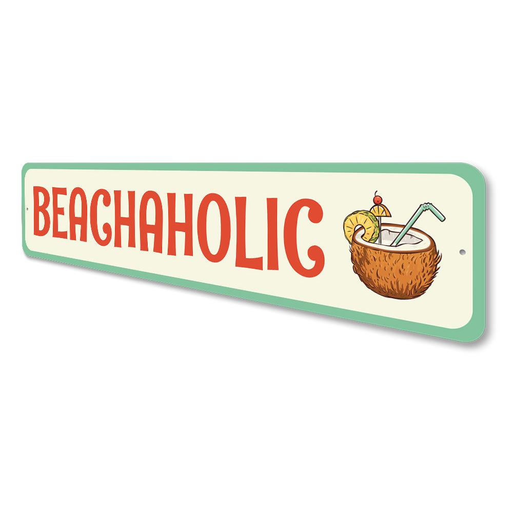 A stylish Beachaholic metal sign featuring vibrant colors and beach-themed design, perfect for home decor.