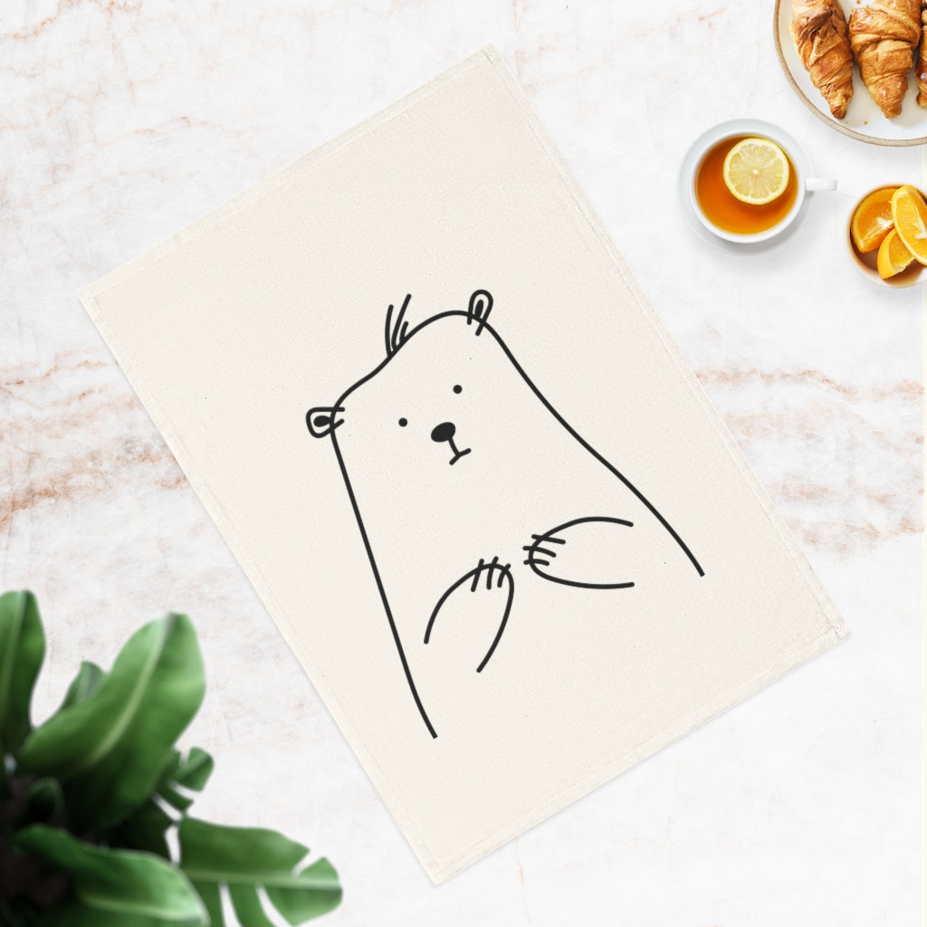 A cute bear cotton tea towel measuring 50 x 70 cm, made from 100% organic cotton, featuring a charming bear print.