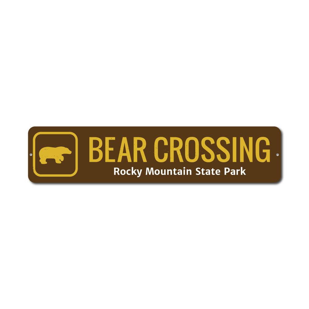 Bear Crossing Trail Sign made of high-quality aluminum, featuring a rustic design suitable for indoor and outdoor decor.