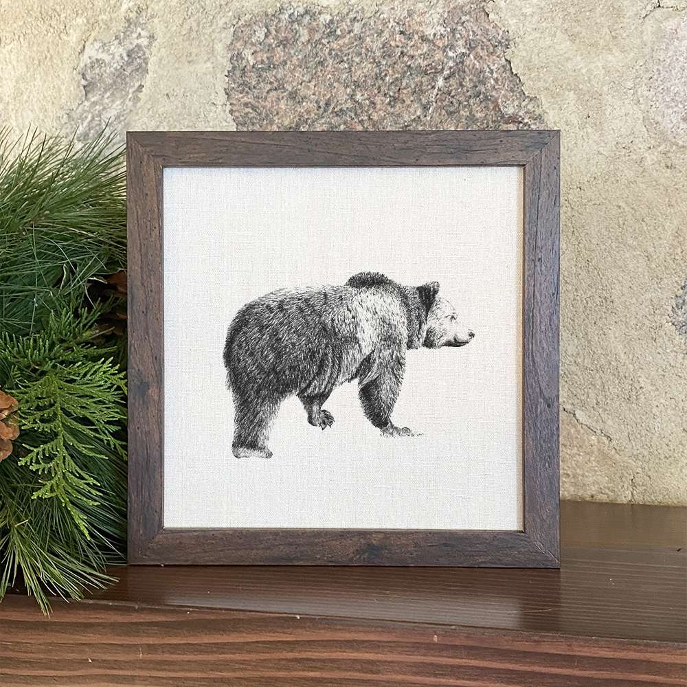 Bear Sketch framed sign with a wood frame, eco-friendly ink, and linen-look background, perfect for home decor.