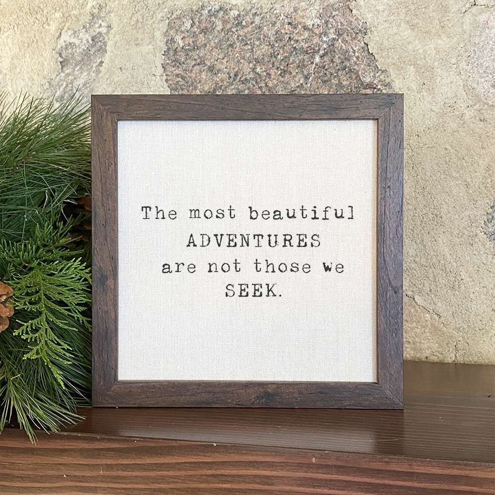 Beautiful Adventures framed sign with a wood frame and linen-look background, perfect for shelf or wall display.