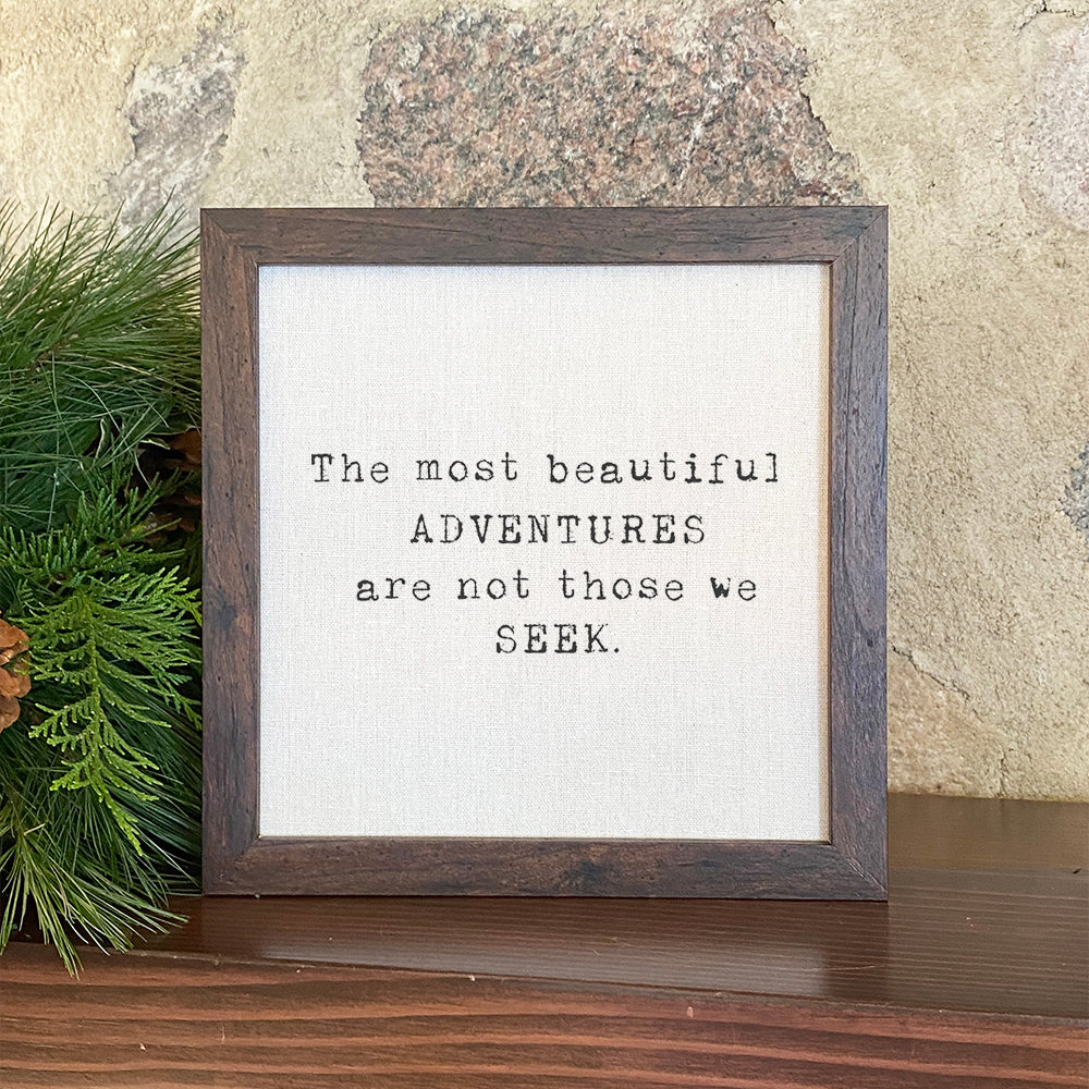 Beautiful Adventures framed sign with a wood frame and linen-look background, perfect for shelf or wall display.