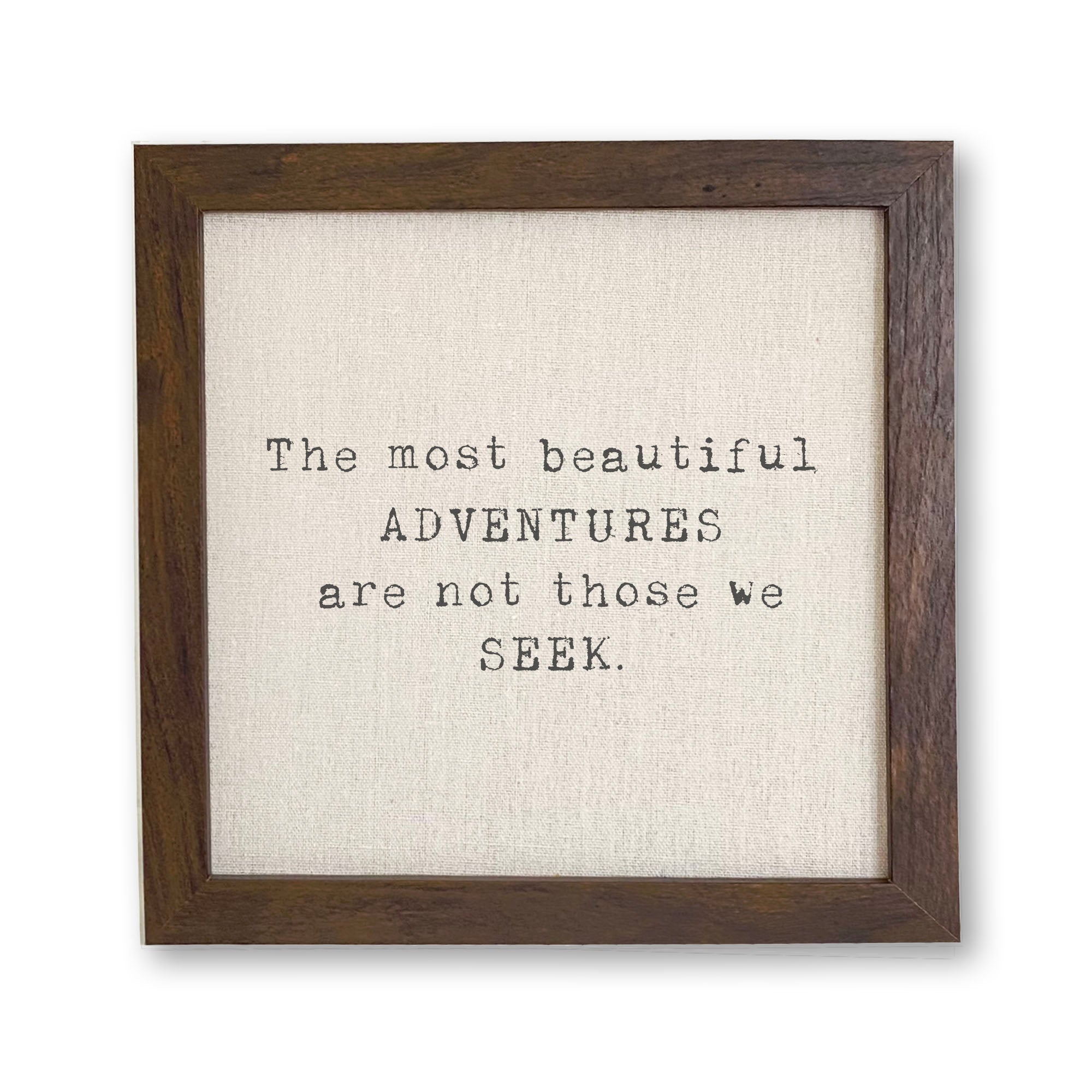 Beautiful Adventures framed sign with a wood frame and linen-look background, perfect for shelf or wall display.